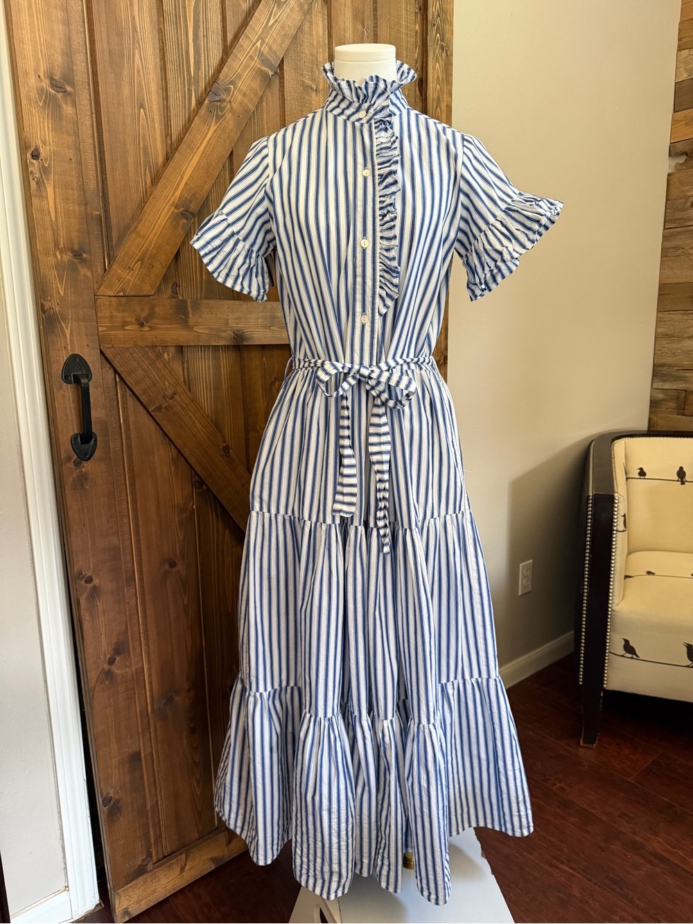 Mille Resort & Travel Blue/White 100% Cotton Maxi Tiered Dress XS/XXS Cttage Cor